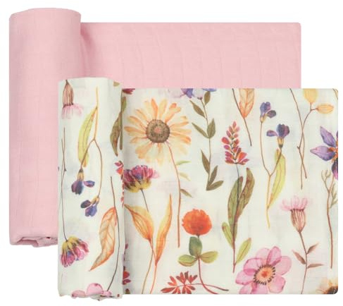 Muslin Swaddle Blankets for Baby Girl, 2-Pack 70% Viscose from Bamboo and 30% Cotton Large Swaddle Blankets (47 x 47), Solid Pink Color/Flower Print