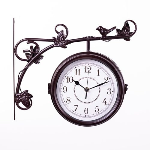 Garden Gear Aldbury Double-Sided Garden Clock Victorian Station Style Wall Clock with Birds and Leaves Detail Mahogany Brown Powder-Coated Steel Outdoor Clock