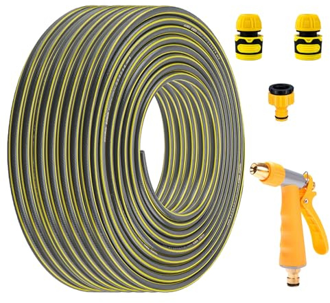 Hose Pipe Spray Gun Set, 1/2 Hose Connector (Yellow 66FT/20m) | PVC Durable Thickened Hose Pipe with Water Guns Fittings for Garden Irrigation Dog Sprinklers Car Washing Watering