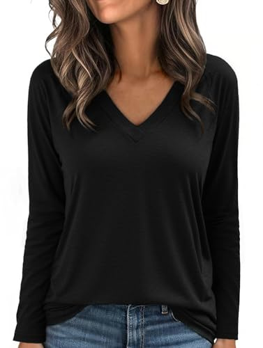 Aottori Tee Shirt Femme Manches Longues Col V Coupe Ample Noir XXL