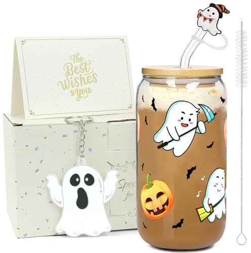 ZIOSINM Halloween Bicchiere con Cannuccia, 500 ml Bicchieri con Cannuccia e Coperchio, Idee Regalo Donna, Regalo di Halloween (Fantasma di zucca)