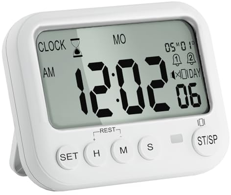 VEHHE Digitaler Timer mit Countdown & Stoppuhr – Eieruhr mit großem LCD, Vibration, Lautlosem Modus, 2 Alarmen und Magnet –Küchentimer für Küche, Home-Office, Sport & Kinder