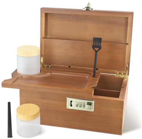 Scatola portaoggetti in bambù con lucchetto a combinazione – 2 bottiglie di vetro + pennello + tubo portaoggetti – Scatola in legno per erbe, gioielli e accessori – Elegante set regalo per uomini e