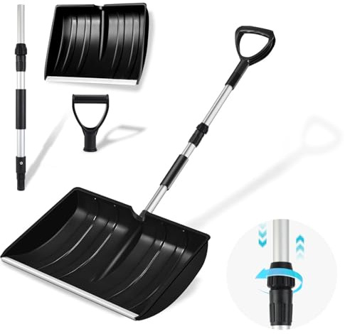 Hmfmdy Schneeschaufel, Große Kapazität Schneeschieber mit Ergonomischem Griff, Tragbares Teleskopstange Schneeräumwerkzeug für Einfahrt Garage, Garten, Camping, Notfall, Schneemannspielen Schwarz