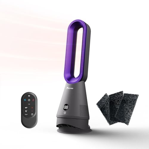 Faryuan Ventilateur Tour Sans Pale 3 en 1 - Chauffage & Purificateur d'Air, Oscillation 80°, Télécommande, Minuterie 9H, 8 Vitesses, Silencieux Portable pour Chambre Bureau (Gris/Violet)