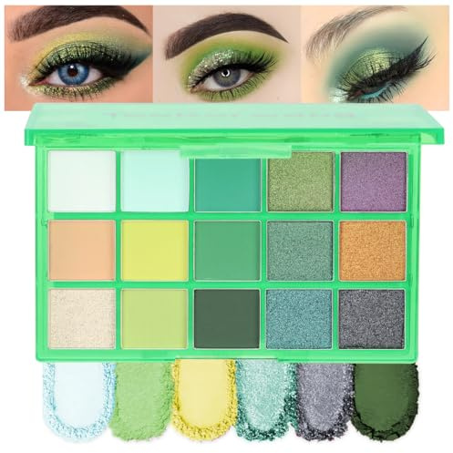 Teekerwang 15 Colors Green Matte Eyeshadow Blue Purple Eyeshadow Palette, Highly Pigmented Shimmer Metallic Eye Shadow Pallets, Long-lasting Waterproof Make up Pallet for Women (Green)