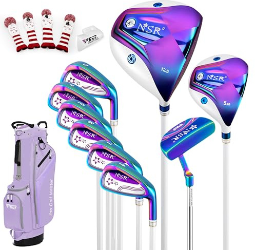PGM Women's NSR 9 Pieces Complete Golf Club Set with Lightweight Graphite Shafts, Forged Titanium Driver, Stand Bag – Ideal for Beginner & Intermediate Women Golfers