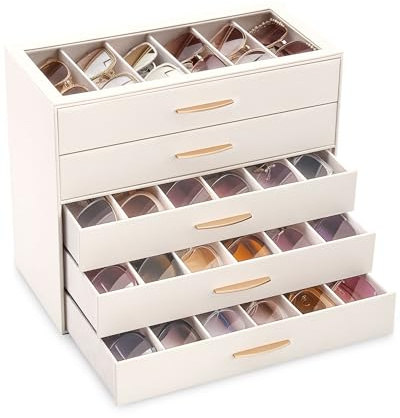 Lolalet Caja para Gafas de Sol 5 Niveles con 30 Compartimentos y Tapa Transparente – Organizador para Mujer, Ideal para Exhibir, Decorar o Regalar en el Hogar - Crema