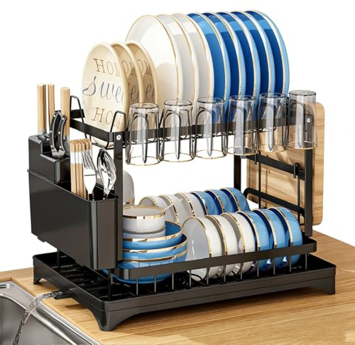 2 Tier Dish Drainer Rack – Stainless Steel Rustproof Dish Drying Rack for Kitchen – Counter Top Draining Board Rack with Drip Tray, Cutlery Holder, Glass Holder and Chopping Board Rack