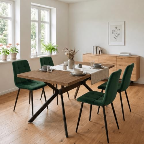 LEWE esstisch Holz mit 4 Dunkelgrün Holländischer Samt stühlen Set | Dunkle Rechteckig Tischplatte 140 x 80 cm, Stuhl-und Tischbeine aus Metall, ergonomisch, geeignet für Küche Wohnzimmer