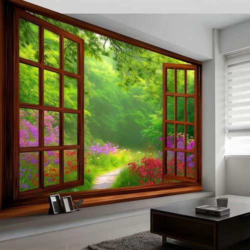 Papel Pintado Marco De Ventana 3D Bosque 250 x 175 cm Fotomurales decorativos modernos de pared en tejido no tejido Verde, para murales fotográficos para salón o dormitorio