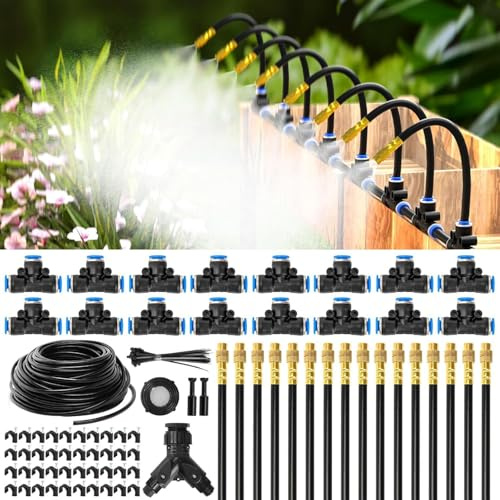 GNVOVIC Sistema Di Irrigazione Automatico 30m, 16 Ugelli Regolabil, Kit di Nebulizzazione 6mm in Ottone, Risparmio Idrico per Giardino, Serra e Terrazzo, Fino all’80% di Acqua Risparmiata