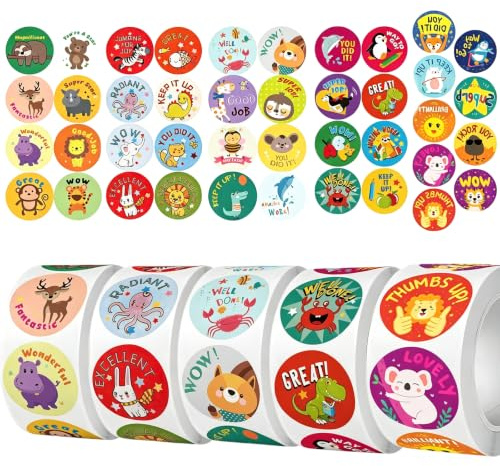 2500 Animal Reward Stickers 5 Rolls Easy Peel for Kids Teachers Classroom | Residue-free peel cleanly from surfaces 5 jumbo rolls 500 stickers each Non-toxic animal motivational designs