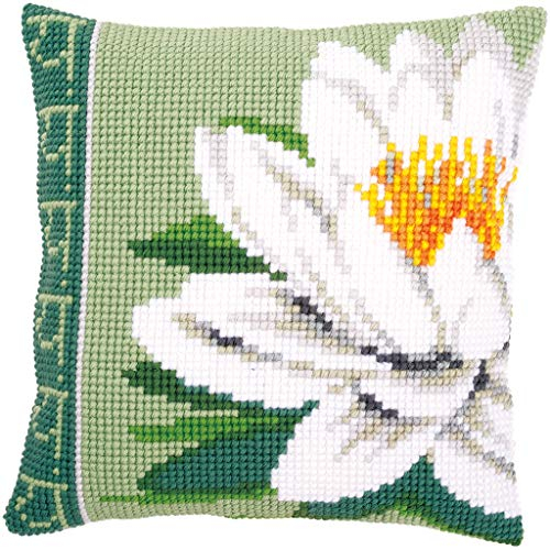 Vervaco Kreuzstich Stickpackungen Kissen Stickerei Set Anfänger Vorgedruckt Weiße Lotus Blume DIY Set Kreativ Set Für Erwachseneca. 40 x 40 cm Bastelset Handwerker Haus Dekoration
