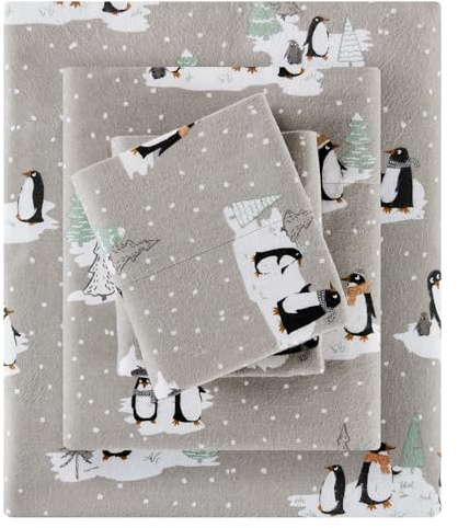 True North by Sleep Philosophy Cozy Flannel Warm 100% Cotton Sheet - Novelty Print Animals Stars Cute Ultra Soft Cold Weather Bedding Set, Twin, Grey Penguins 3 Piece