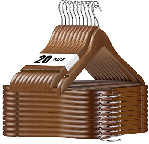 HOUSE DAY Walnut Wooden Hangers 20 Pack, Solid Wood Hanger with Non Slip Pant Bar, Heavy Duty Wooden Coat Hanger for Closet, Smooth Finish Wood Clothes Hangers for Shirts, Suits, Jackets, Dress