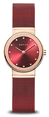 BERING Damen Quarz Uhr | Armbanduhr 26 mm roségoldenes Edelstahlgehäuse und rotes Zifferblatt | Milanaisearmband | Saphierglas | 5 ATM | 10126-363