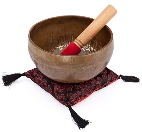 Bodhi Tibetische Klangschale Ø 16 cm | Singing Bowl mit Baum des Lebens Gravur | Handgefertigtes Klangschalen Set inkl. Kissen & Klöppel | Ideales spirituelles Geschenk | Meditationszubehör aus Bronze