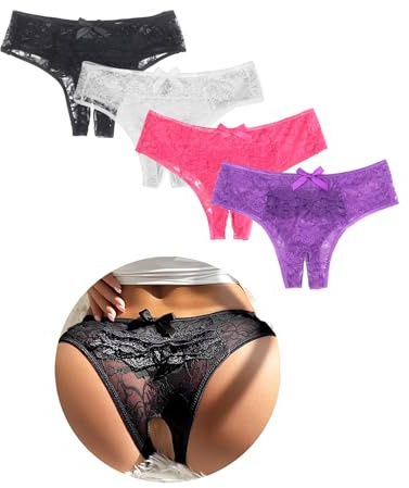 ohyeahlady String Tanga Damen Sexy Höschen Slip Spitze Unterwäsche Dessous mit Offener Schritt Große Größen Panty Hipster Soft Blumen Loch Unterhosen Übergröße Mehrfarbig,S