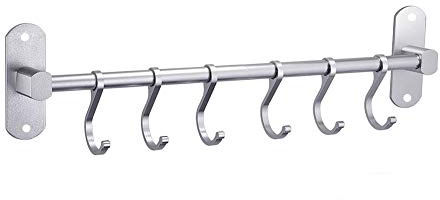 YunNasi Porta Utensili da Cucina Parete 40cm Barra Appendi Utensili da Cucina Autoadesivo con 6 Ganci Barra Portautensili in Alluminio per Padelle, Tazze