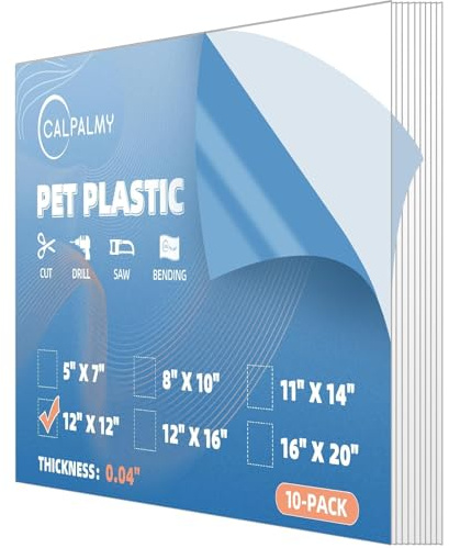 10 Pack of 12x12” PET Sheet/Plexiglass Panels 0.04” Thick; Use for Crafting Projects, Picture Frames, Cricut Cutting and More; Protective Film to Ensure Scratch and Damage Free Sheets