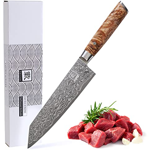 zayiko Kinone Premium Chefmesser Kiritsuke, 20 cm Klinge aus 67 Lagen echtem Damaststahl, ergonomischer Griff aus Birkenwurzelholz, ideal für Profiköche und Hobbyköche, inklusive Geschenkbox