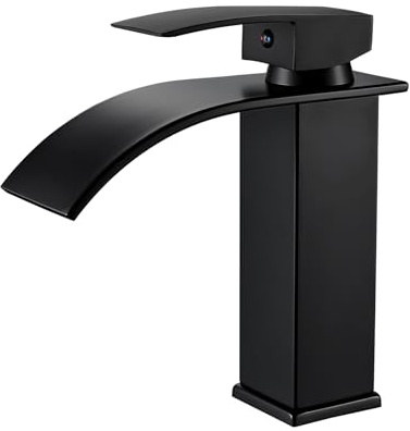kisimixer Moderne Robinet Lavabo Design Elégant, Mitigeur Lavabo Salle de Bain en Acier Inoxydable 304, Robinetterie Cascade Noir G 3/8, Mitigeur Cascade sans Tirette de Vidage