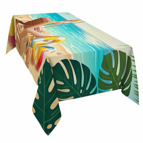 TocaHome Table Cloth Linen Waterproof Table Cover Anti-Wrinkle Tablecloth Summer Sandbeach Umbrella Deckchairs Ocean Palm Pattern Tabletop Covers for Dinning Restaurant Cafe 54x108 Inch