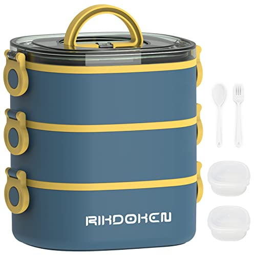 Lunch Box, Contenitori Impilabili a 3 Strati, Bento Box Portatile a Tenuta Stagna da 2800ml con Cucchiaio, Forchetta e Scatole per Salse, Lunch Box Adatto al Microonde per Bambini e Adulti