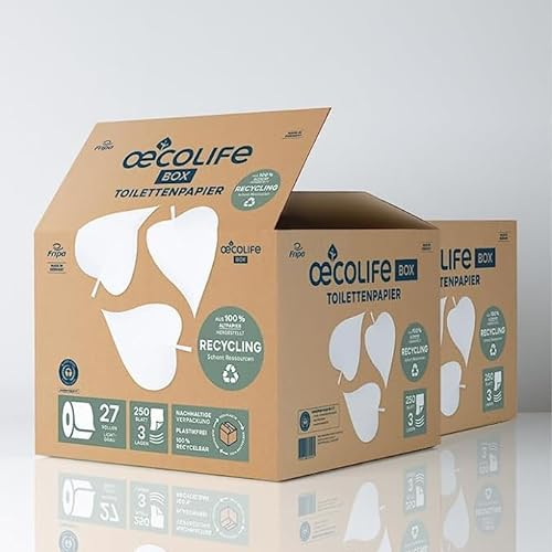 œcolife Toilettenpapier Box RECYCLING, 3-lagig, 54 Rollen, 250 Blatt pro Rolle, Recyclingpapier, plastikfrei verpackt