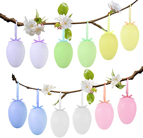 AhfuLife Ostereier zum Aufhängen, 12/24 Stück Bunte Ostereier Plastik mit Schnur Wiederverwendbare Osterdeko Hängedeko für Ostern Geschenk Osterjagd Osterbaumschmuck Zuhause Garten Party Deko (Stil 1)
