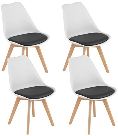 Home Collective 4er Set Esszimmerstuhl Stuhl Wohnzimmerstuhl, in insgesamt 11 Farben, 4X Weiss mit schwarzem Polster mit Vollholzbeinen in Natur, bequemer & Stabiler Schalenstuhl