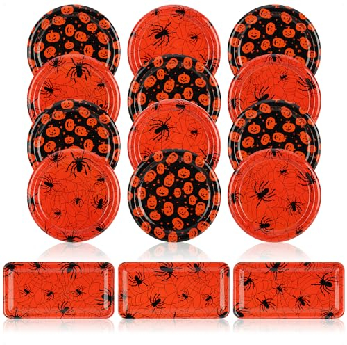 com-four® 15x assiettes décoratives Halloween - assiettes réutilisables au design araignée et citrouille - assiettes décoratives de qualité alimentaire 2 formes (15 pièces - araignée + citrouille)