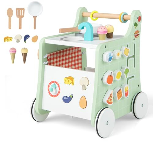 GOPLUS 6 in 1 Lauflernhilfe aus Holz, Lauflernwagen mit Spielküche, Formanpassung, beweglichem Schieber & Lernuhr, Ergonomischer Baby Walker mit Rädern für Kinder ab 12 Monaten (Grün)