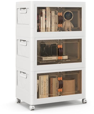 GIANTEX Cajas de almacenamiento plegables, contenedores de plástico, caja de almacenamiento con 4 ruedas, cajas apilables con puertas, cada piso soporta 5 kg (L-set de 3)