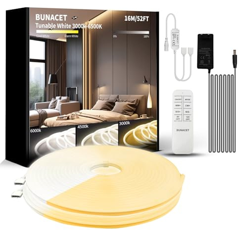 BUNACET Tira LED Neon 16M Blanca Cálida 3000K-6500K Blanca Frío Tira Luz LED Regulable con Mando Distancia y Fuente Alimentación Luces de Cinta LED Flexible para Cocina, Dormitorio, 2 * 8M