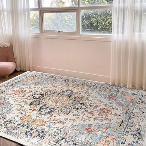 Rug-QJDDUP Kurzflor Teppich Quadratisch,Blau Orange Gelb Beige Weiß Vintage Shabby Chic,Kurzflorteppich Esszimmer Wohnzimmer Schlafzimmer Kinderzimmer,Blue,200 x 200 cm
