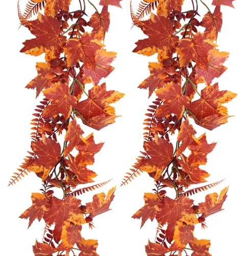 RECUTMS 2Pcs Artificial Fall Maple Leaves Garland 5.74Ft Thanksgiving Decor | Plastic Leaf,No Maintenance Autumn Decorations,Durable and Realistic,No Assembly Required,Ideal for Halloween Festival Party