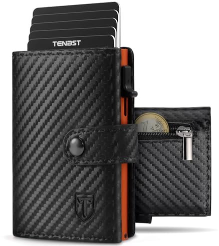 TENBST Geldbörse Herren mit Münzfach & RFID Schutz, Slim Wallet Kartenetui Klein, Portmonee Geldbeutel Herren, 10 Fächer für Kreditkarten Kreditkartenetui - Schwarz & Orange