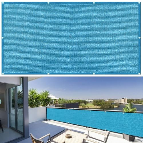 Balkon Sichtschutz, Balkonabdeckung 300 x 170 cm Blickdichte Wind Uv-Schutz, Sichtschutzplane Balkon Witterungsbeständig, mit Kabelbinder Und Kordel, für Hofmauer Terrasse, Himmelblau