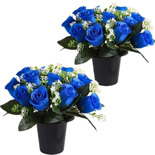 Etomvoop 2 fiori artificiali in vaso, 12 rose artificiali per funerale, decorazione natalizia per cimitero commemorativo