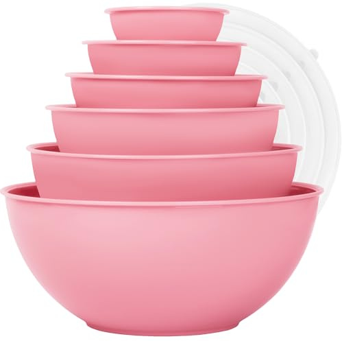 BoxedHome Mixing Bowl Set with Lid, Mixing Bowls, 12-Pack Mixing Bowl Set, Plastic Salad Bowl Stackable Serving Bowls for Kitchen (6 Bowls and 6 Lids, Light Pink)
