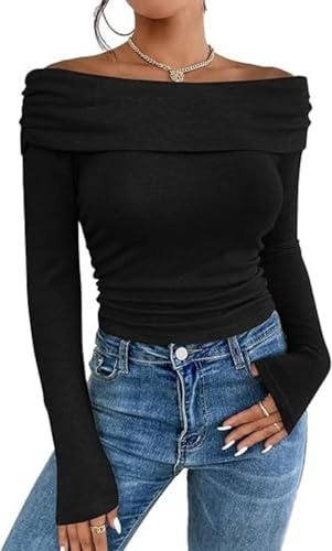 SHEKINI T-Shirt à Manches Longues pour Femme Y2K Haut Sexy Fin et Élégant Épaules Dénudées Décontracté Slim Fit Crop Tops
