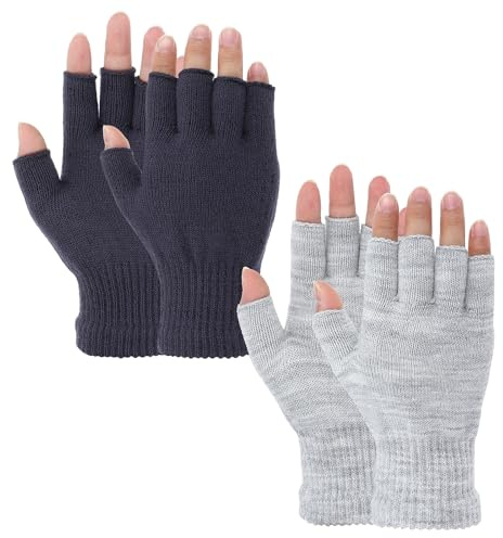 Grevosea 2 Pair Fingerless Gloves, Winter Half Finger Gloves Thickened Cashmere Warm Glove Knit Touchscreen Warm Stretchy Mittens Fingerless Glove for Men and Women (Black+Light Grey)