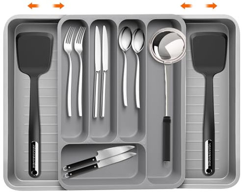 XHSBBB Vassoio portaposate espandibile per cassetti e posate, 7 scomparti, regolabile, per riporre utensili da cucina, cucchiai, forchette e coltelli, grande