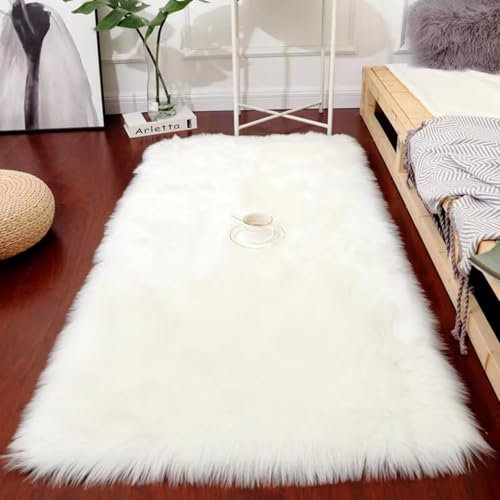 champracer Teppich plüschteppiche Waschbar Fellteppich Weiß Langflor Wohnzimmerteppich Flauschig Kunstfell Hochflor-Teppich Dekofell für Schlafzimmer,Kinderzimmer (Weiß,60 * 90 cm)