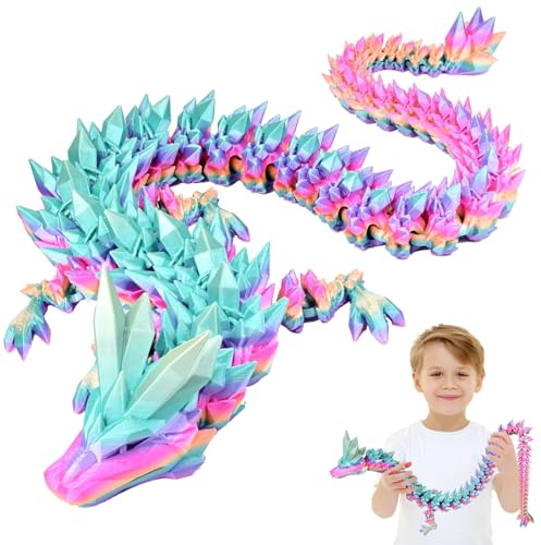LOCYFENS 76 cm Großer 3D Gedruckter Drache Spielzeug für Kinder Erwachsene | Bewegliches Drachen Spielzeug mit Flexiblen Gelenken, Riesiger Fidget Spielzeug als Schreibtischdeko Geschenk（Regenbogen）