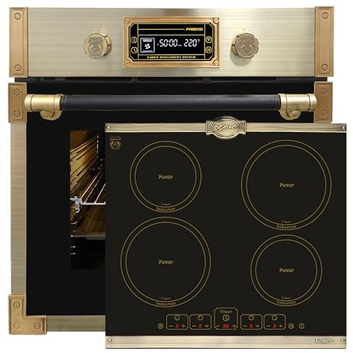 Kaiser Pyrolyse Backofen EH 6427 AD+KCT 6195 IEm, Retro Pyrolyse Einbau Backofen 73L +Induktions-Kochfeld, Retro Induktionskochfeld, Metallplatten Bronze,4 QickHeat