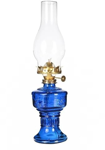 Glass Oil Lamps,Glass Kerosene Oil Lamps for Indoors Use Vintage Classic Colored Oil Lantern Height 12.6 Inch with Replaceable Clear Lamp Shade, Antique Liquid Paraffin Lamp(Blue)
