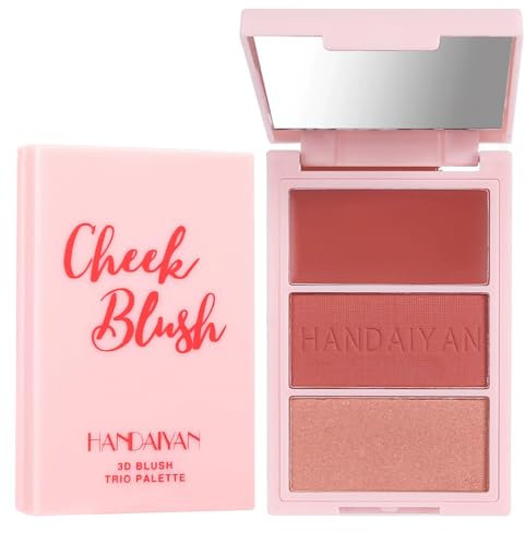 Blushers for Cheeks, 3 In 1 Blush Palette with Mirror, Cream & Pressed Powder Blusher, Highlighter Makeup Palette, Long-Lasting Face Palette, 3 Shades Non-Greasy Peach blusher